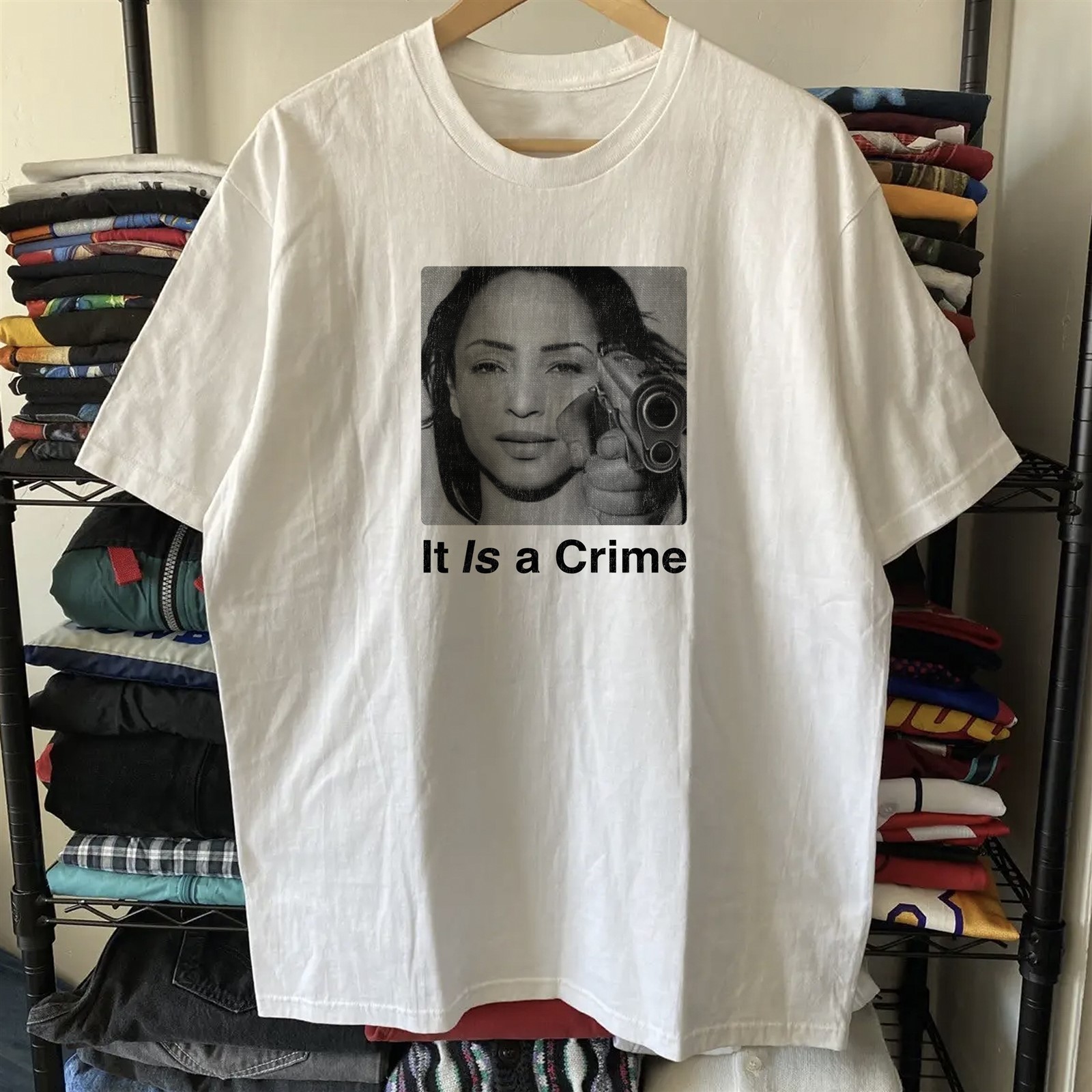 90s Sade Parody It Is A Crime Aged T-Shirt White M gallery