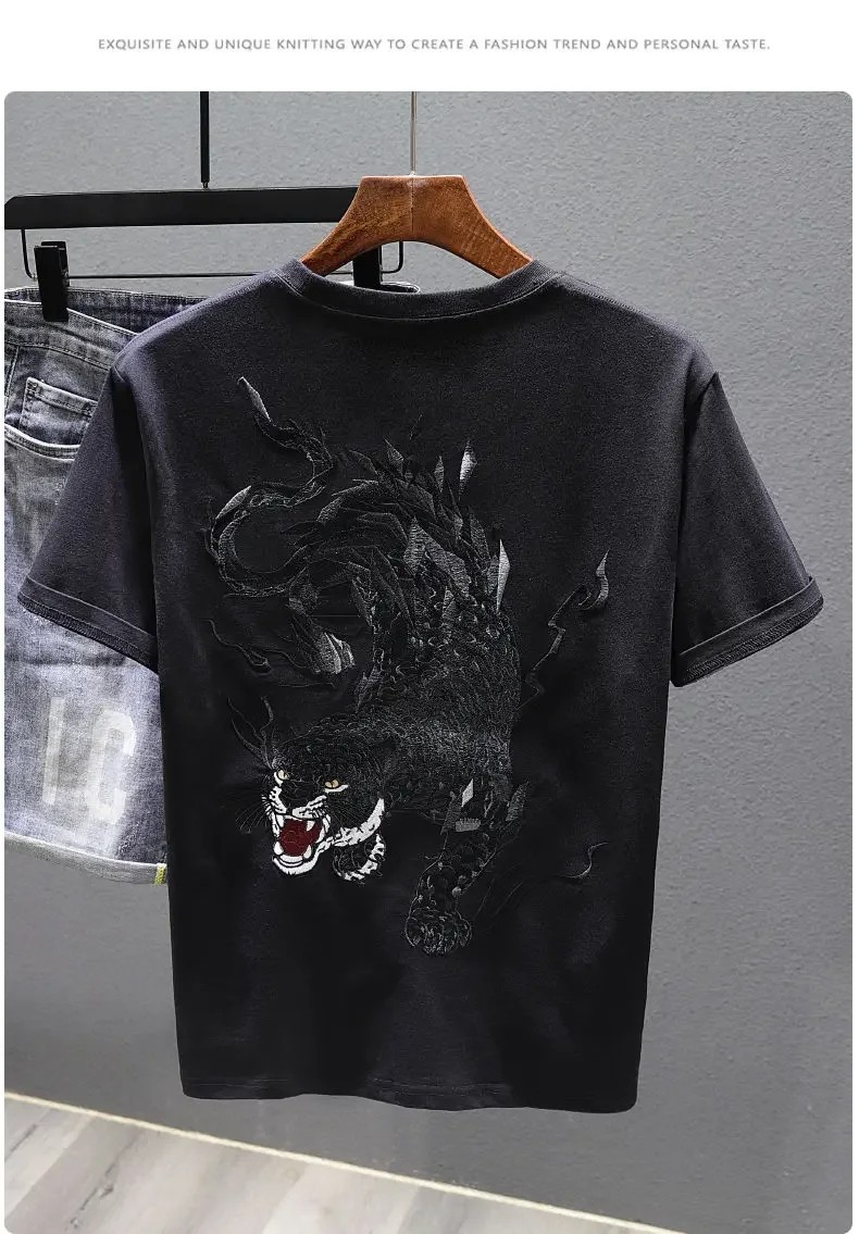 Men's Panther Embroidery Short Sleeve T-Shirt Urban Streetwear Casual Tee gallery