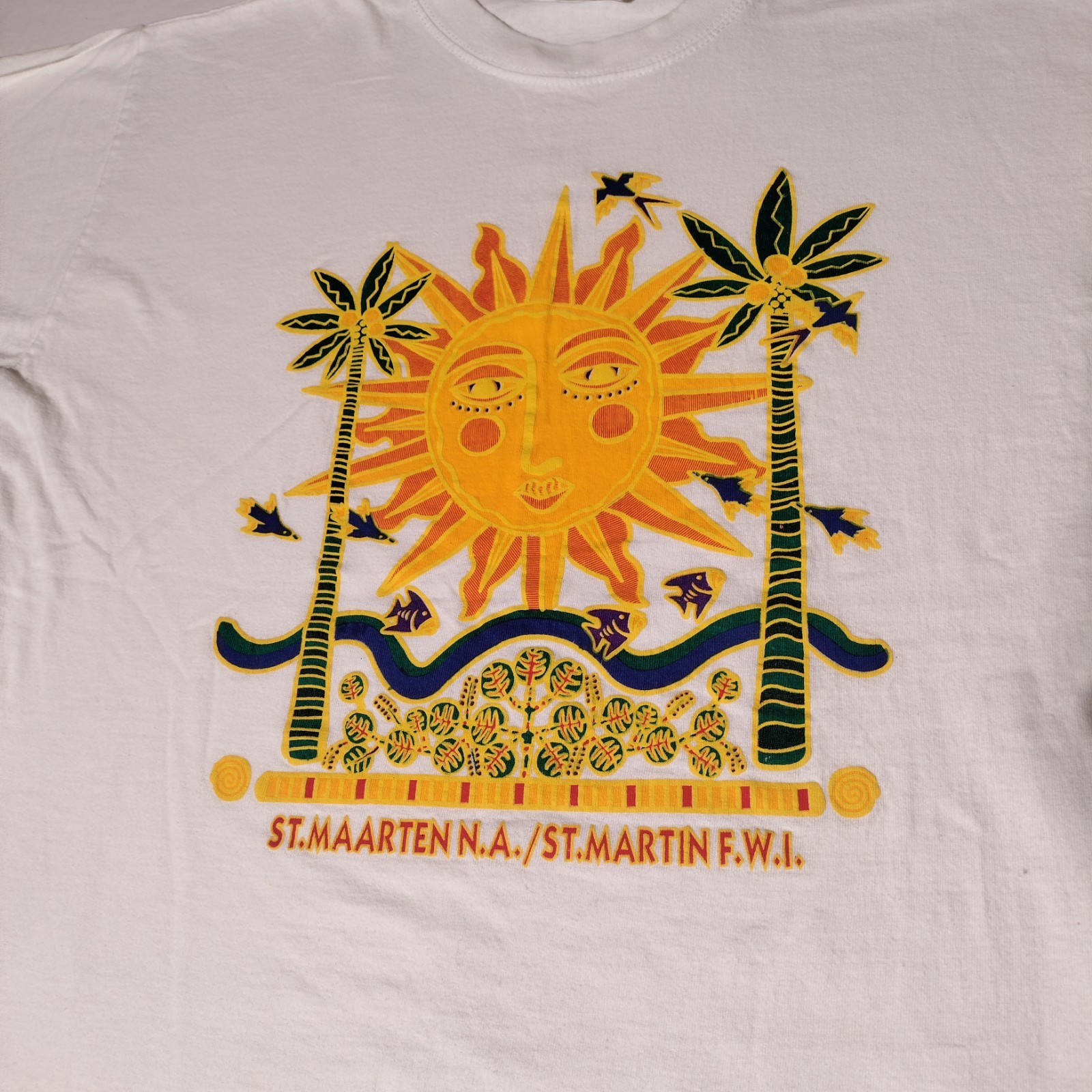 St. Maarten N.A F.W.I. Sun Palm Tree Caribbeant's Cotton T-Shirt Sz XL - Stains gallery