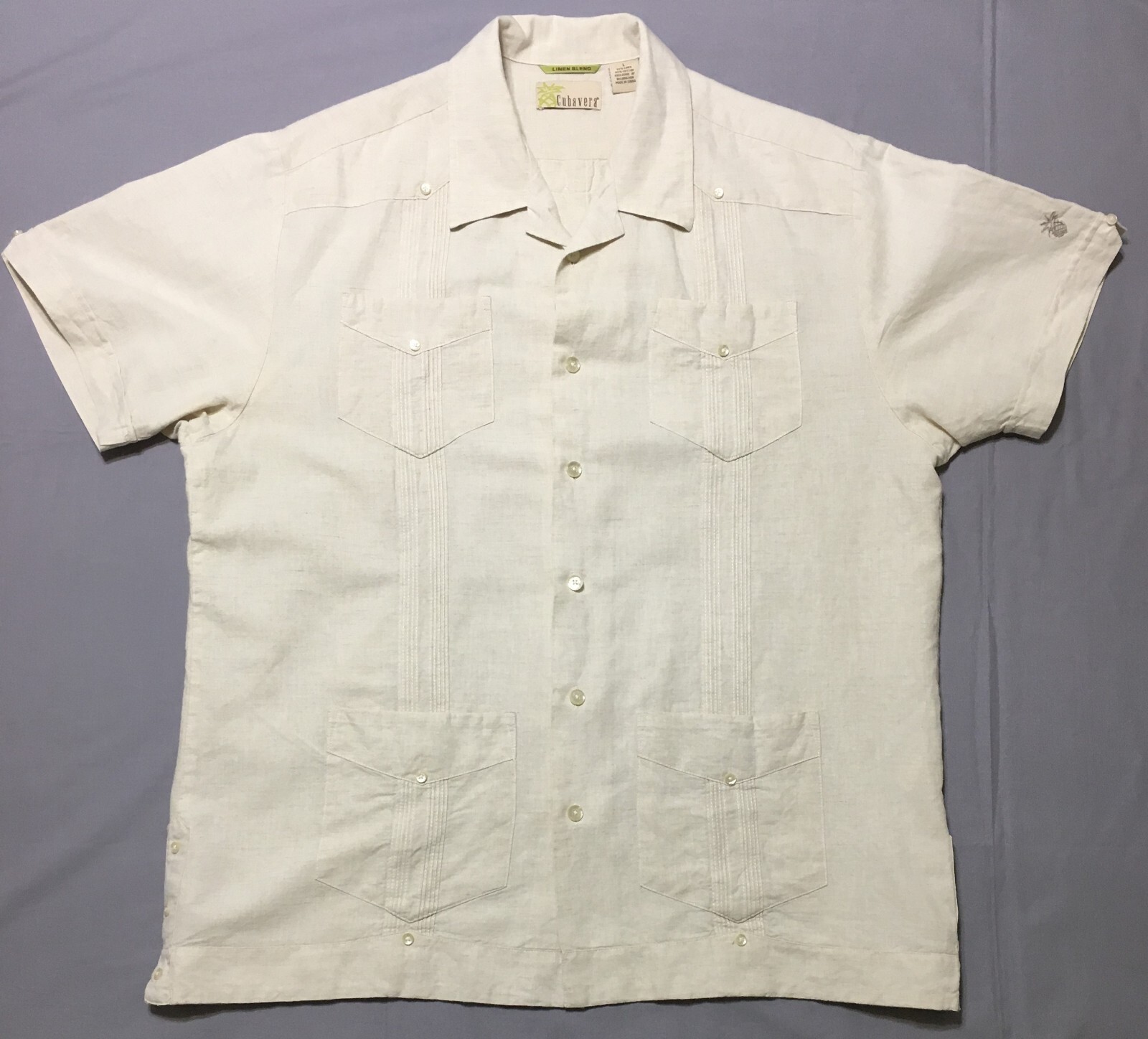 Mens Cubavera Sz L Beige Linen Blend Caribbean Button Up Shirt Great Details VGC