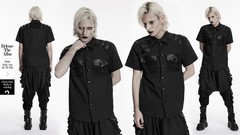 Punk Rave Men Gothic Punk Mesh Short Sleeve Button-Up Shirt With Faux Leather