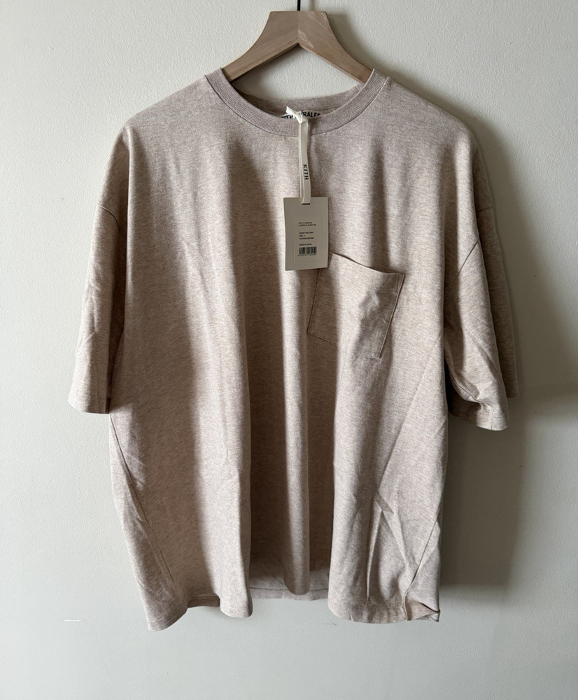 AURALEE x KITH Luster Plaiting Tee, Almond Heather Beige, Size 5, Pocket