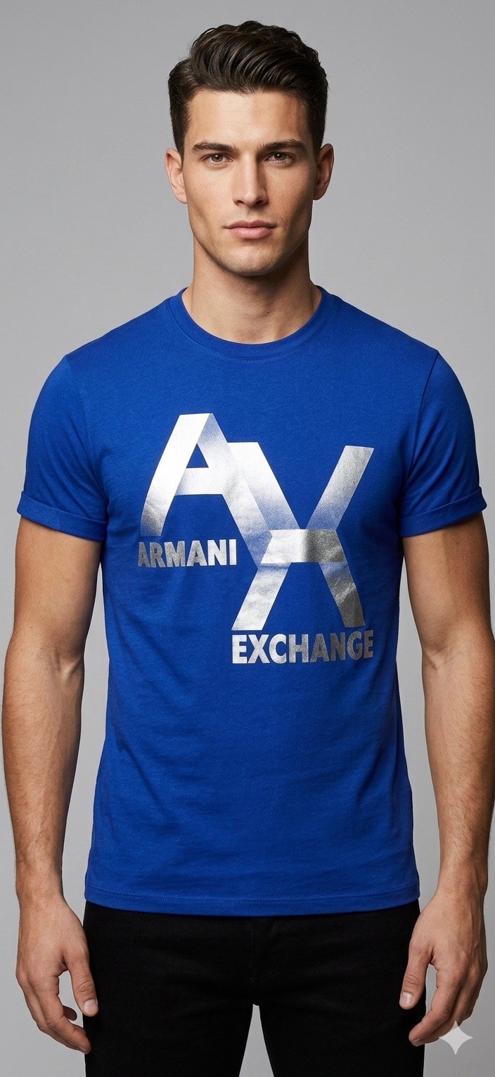 ARMANI EXCHANGE Blue Silver AX LOGO Short Sleeve Slim Fit Designer T-shirt NWT gallery