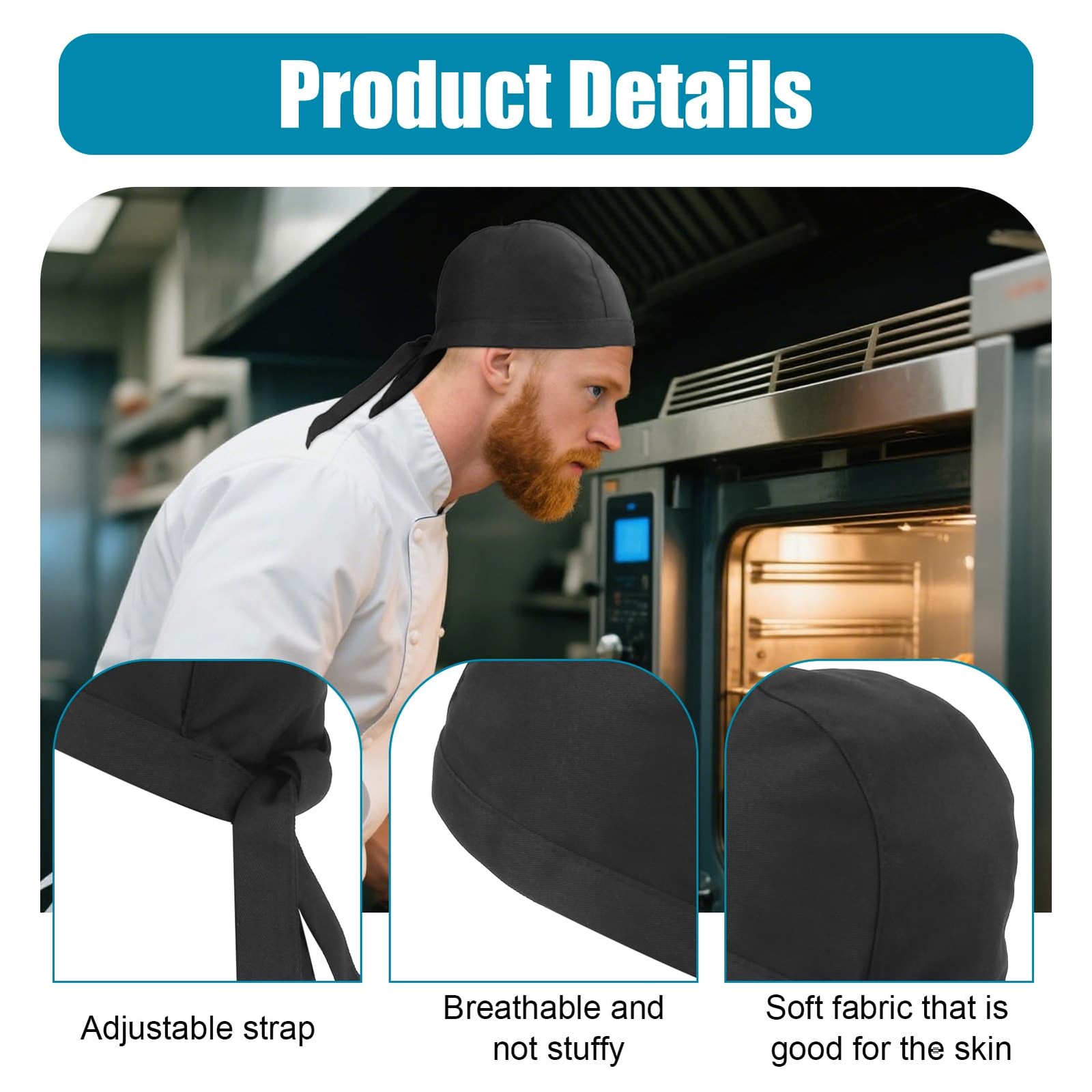 6PCS Chef Hat, Tie Back, Men, Adjustable, Washable, Breathable, Skull Cap, Cook gallery