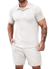 White Men’s 2 piece Casual outfit’s Waffle Knit polo shirt’s and short’s set …