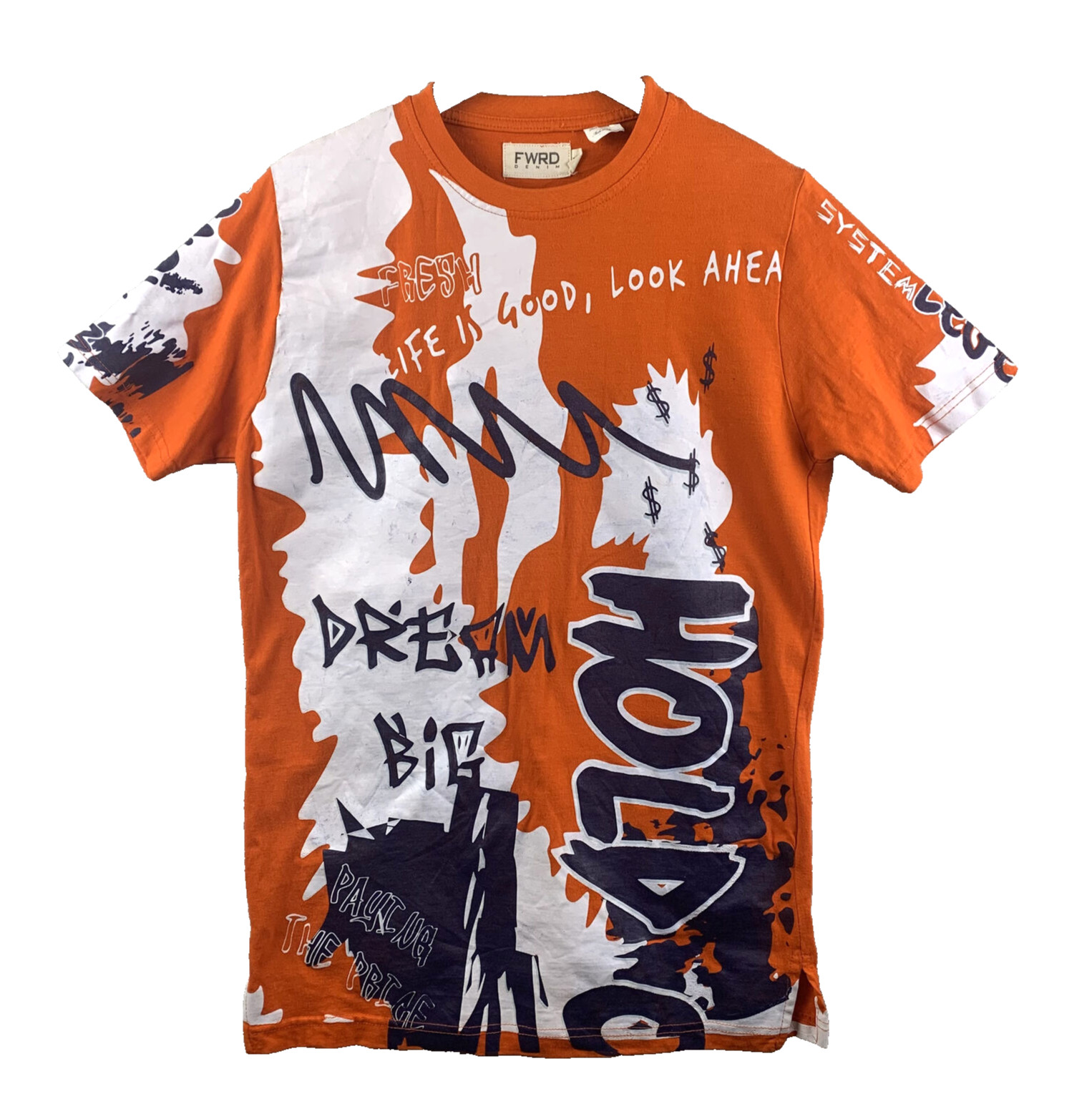 FWRD DENIM Dream Big Painted Graphic T-Shirt Men’s Size Medium Orange Blue White