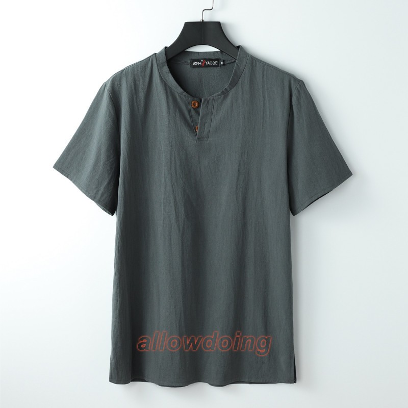 Men's Stand-up Collar Short Sleeve Cotton Hemp Summer T-shirt Loose Linen V-neck gallery