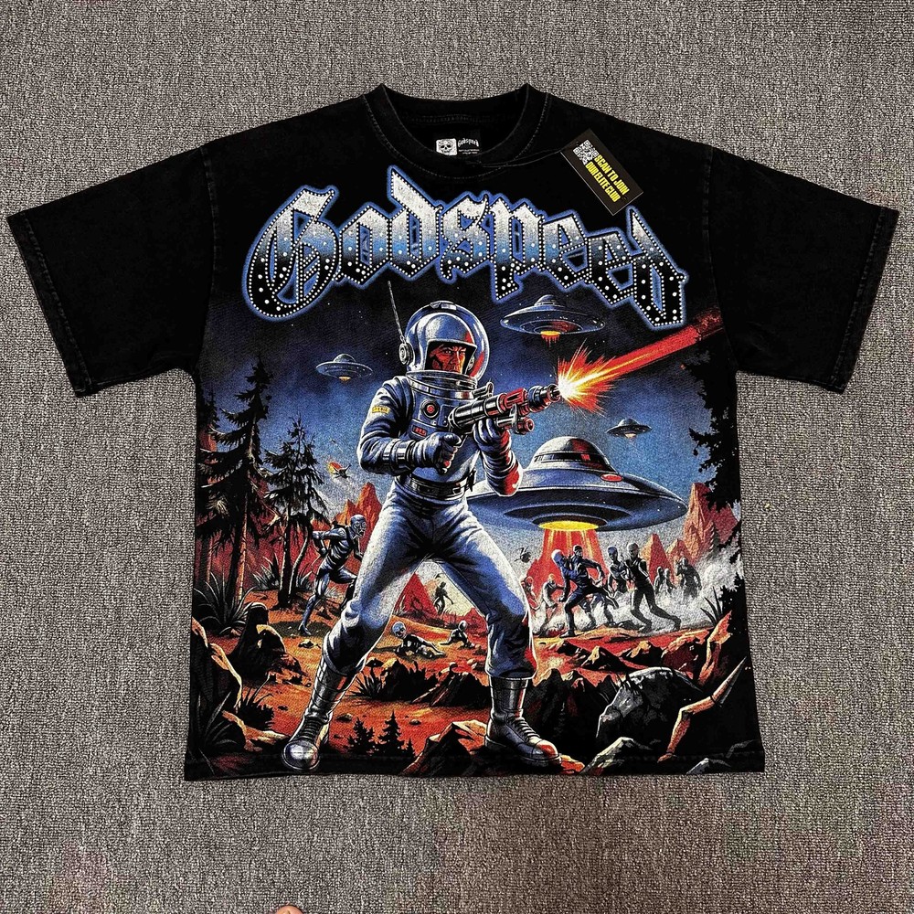 26SS Godspeed outer space anime character printing Tee Mens Cotton T-shirt