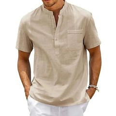 Camisa hombre lino algodon henley manga corta bolsillo casual playa retro