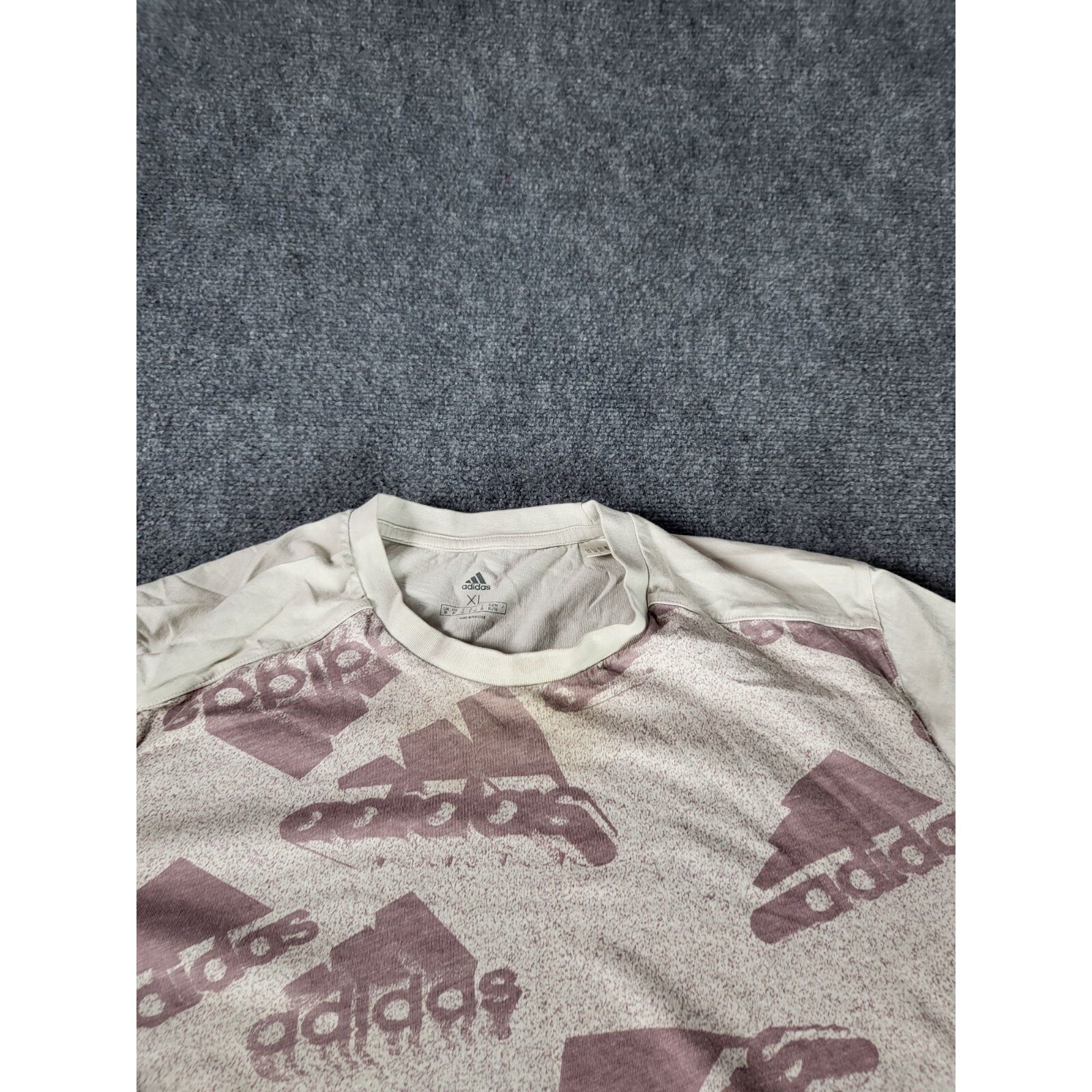 Adidas Brand Love Performance Tee XL Off White Burgundy Allover Multi Logo Shirt gallery