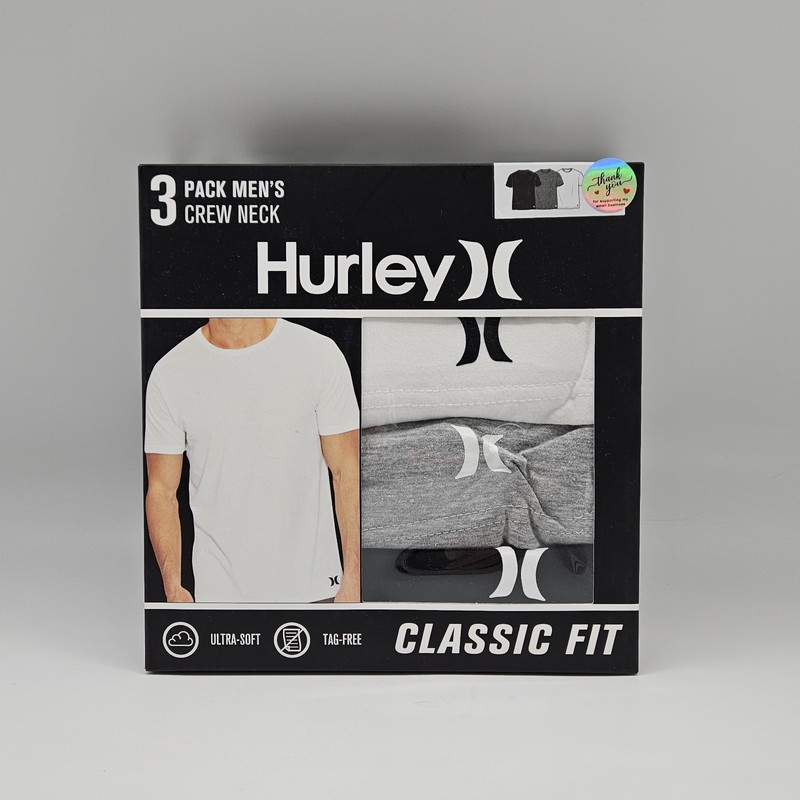 3 Pack HURLEY Men’s S M L White Gray Black Logo Cotton Crew Neck T Shirt Set