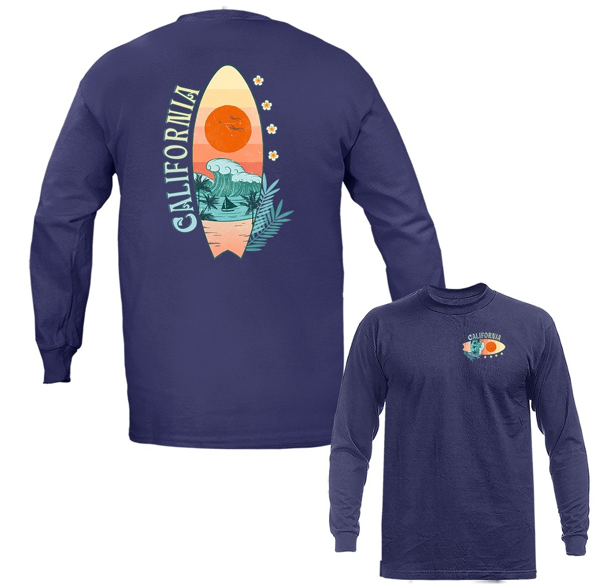 California Surfboard Sunset Beach Graphic Long Sleeve T-Shirt