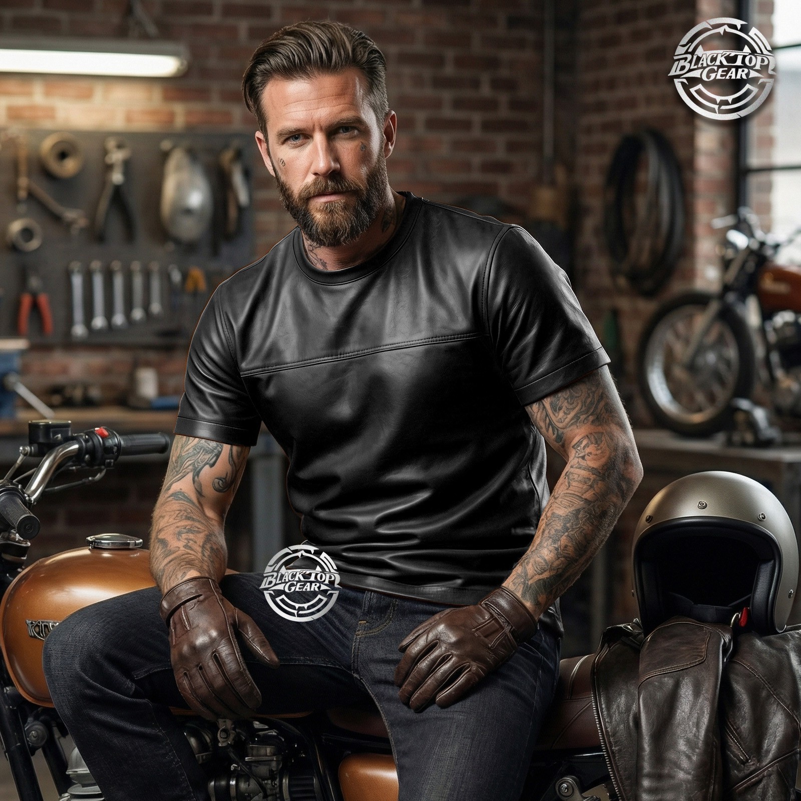 Men’s Genuine Lambskin Leather T-Shirt Black White Classic Leather Tee All sizes gallery