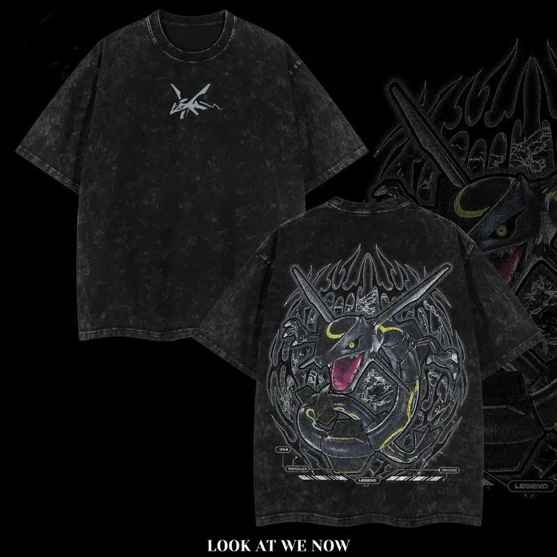 Rayquaza Vintage Washed Black T-Shirt Oversized Unisex Anime Graphic Pokemon