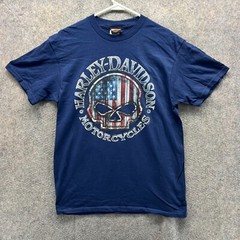 Harley Davidson Shirt Men Medium Blue Navy Skull Spell Biker Tee Motorcycle USA