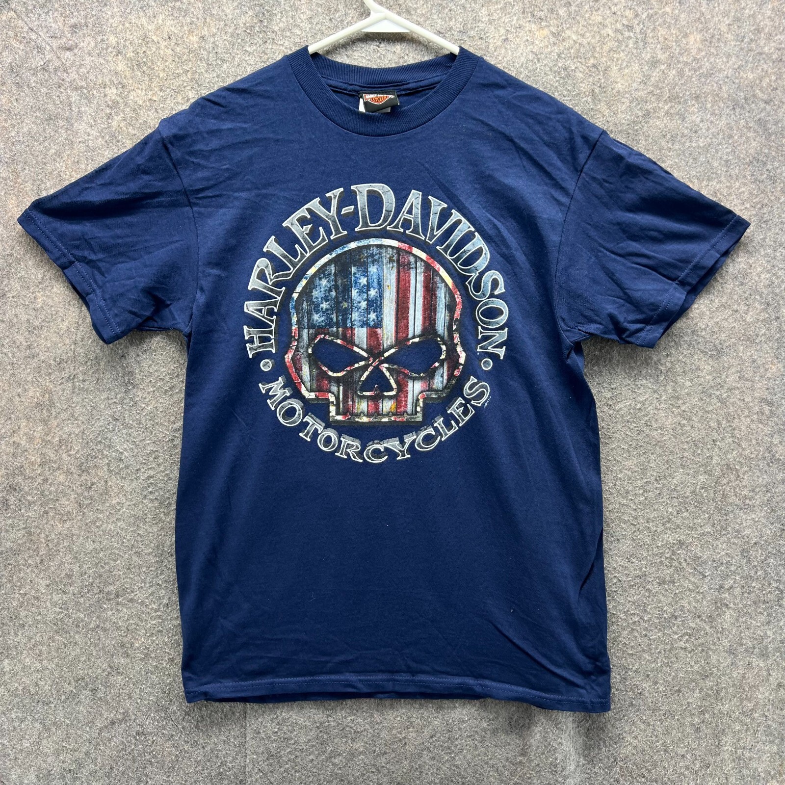 Harley Davidson Shirt Men Medium Blue Navy Skull Spell Biker Tee Motorcycle USA