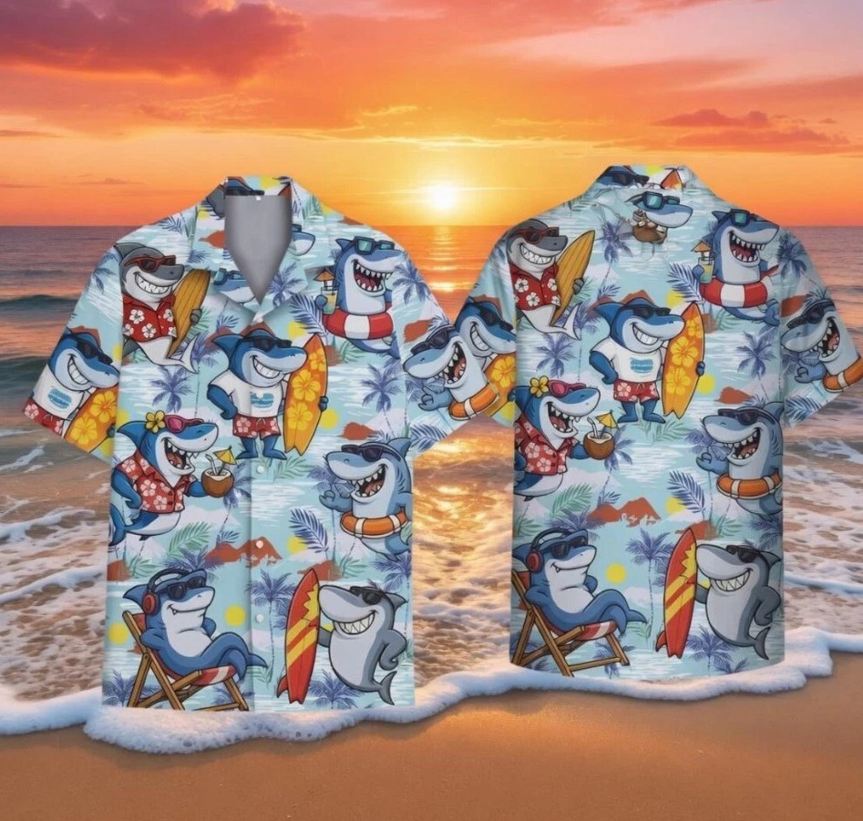 Retro Surfing Beach Button Down Tropical Shark Hawaiian Shirt ALl size