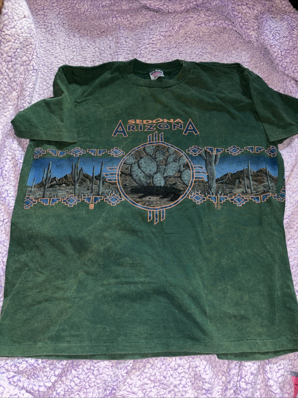 Vintage Sedona Arizona T Shirt Mens XL Green Single Stitch All Over Print 1992