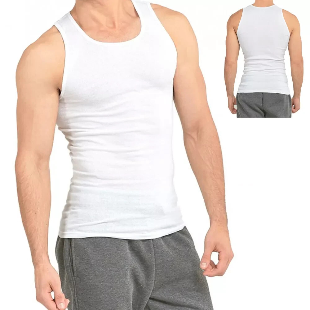 6-12 Pieces Men Tank Top 100%Cotton Ribbed White A-Shirt Wife Beater Undershirts gallery