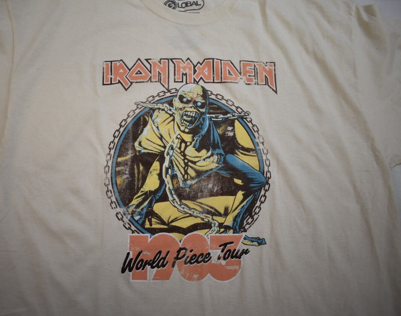 Global Mens Iron Maiden World Piece Tour Retro Graphic Cream Shirt NWT Large gallery