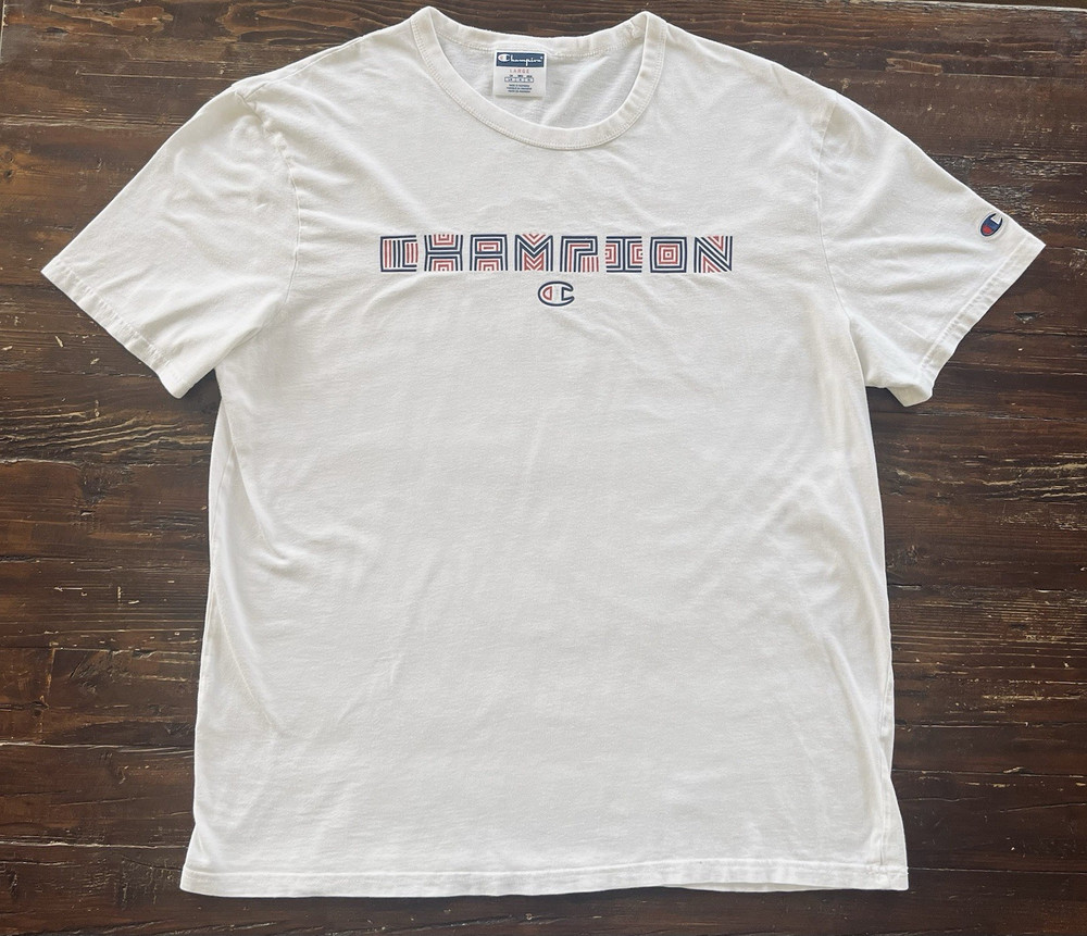 Champion Men’s L White Crew Neck Short Sleeve Cotton Knit Logo Graphic T-Shirt