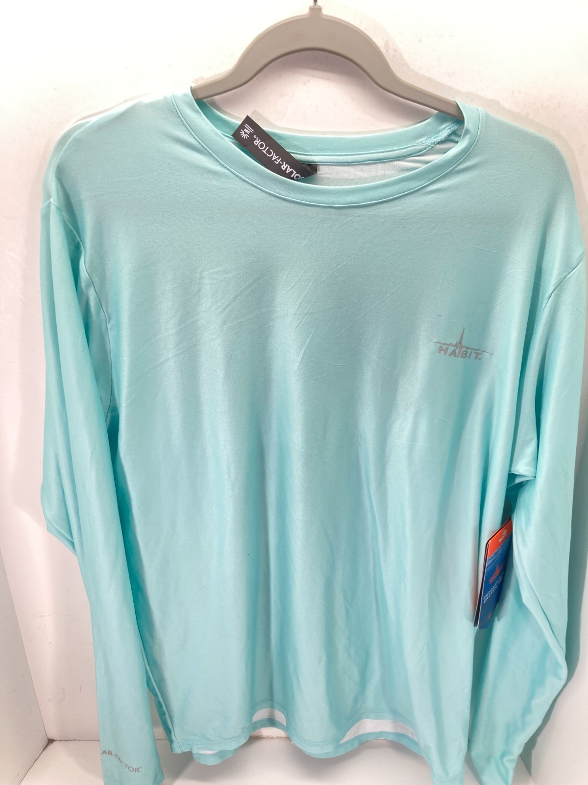 Habit Crooked ELM Graphic T-Shirt Mens M Aqua Blue Long Sleeve Solar Factor NWT gallery