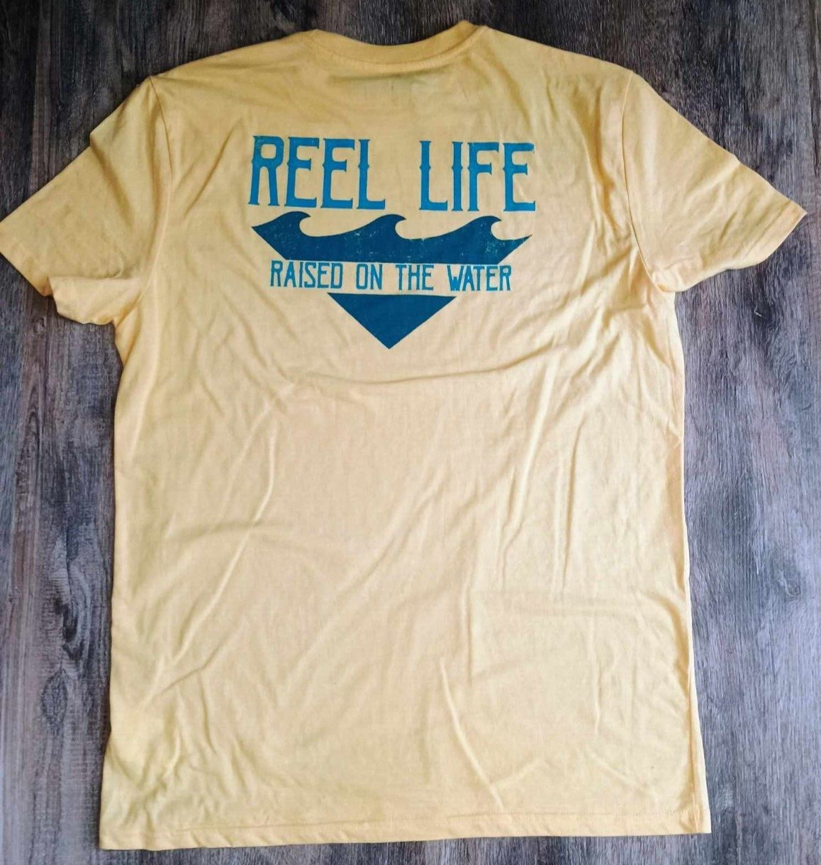 Reel Life Graphic T-Shirt Mens Medium Yellow Solid Short Sleeve Pullover Cotton gallery