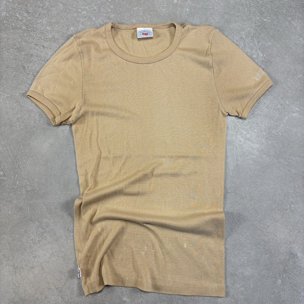 Vintage 70s Levi’s White Tab Ringer T shirt Embroidered Logo Tan Small