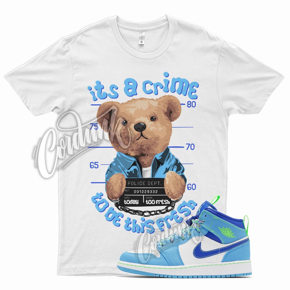 White CRIME T Shirt for Air J1 1 Mid SE Dark Powder Blue Green Racer gallery
