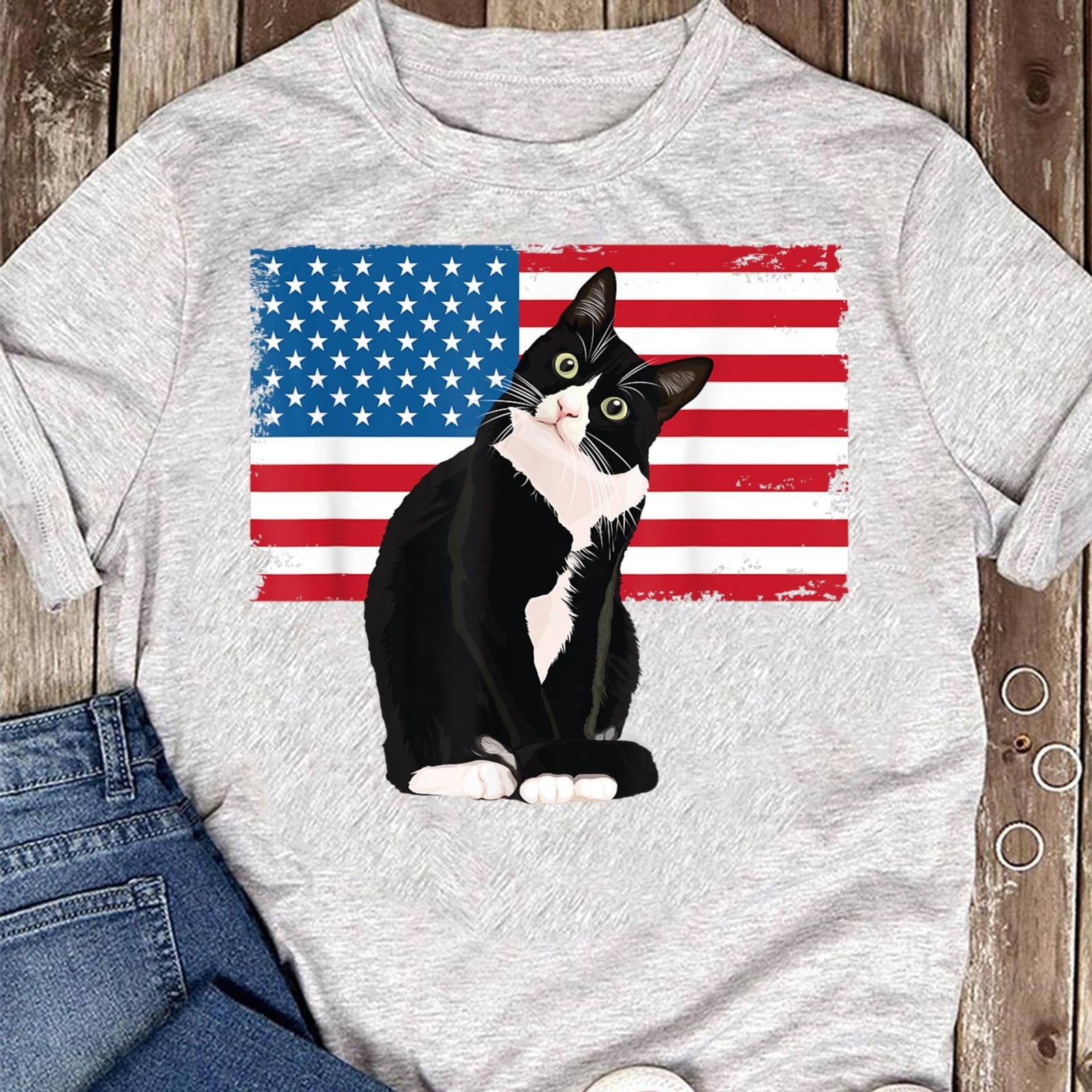 Tuxedo Cat TShirt 4th of July Patriotic Tee Gift Adults Kids T Shirt Cat Lover G