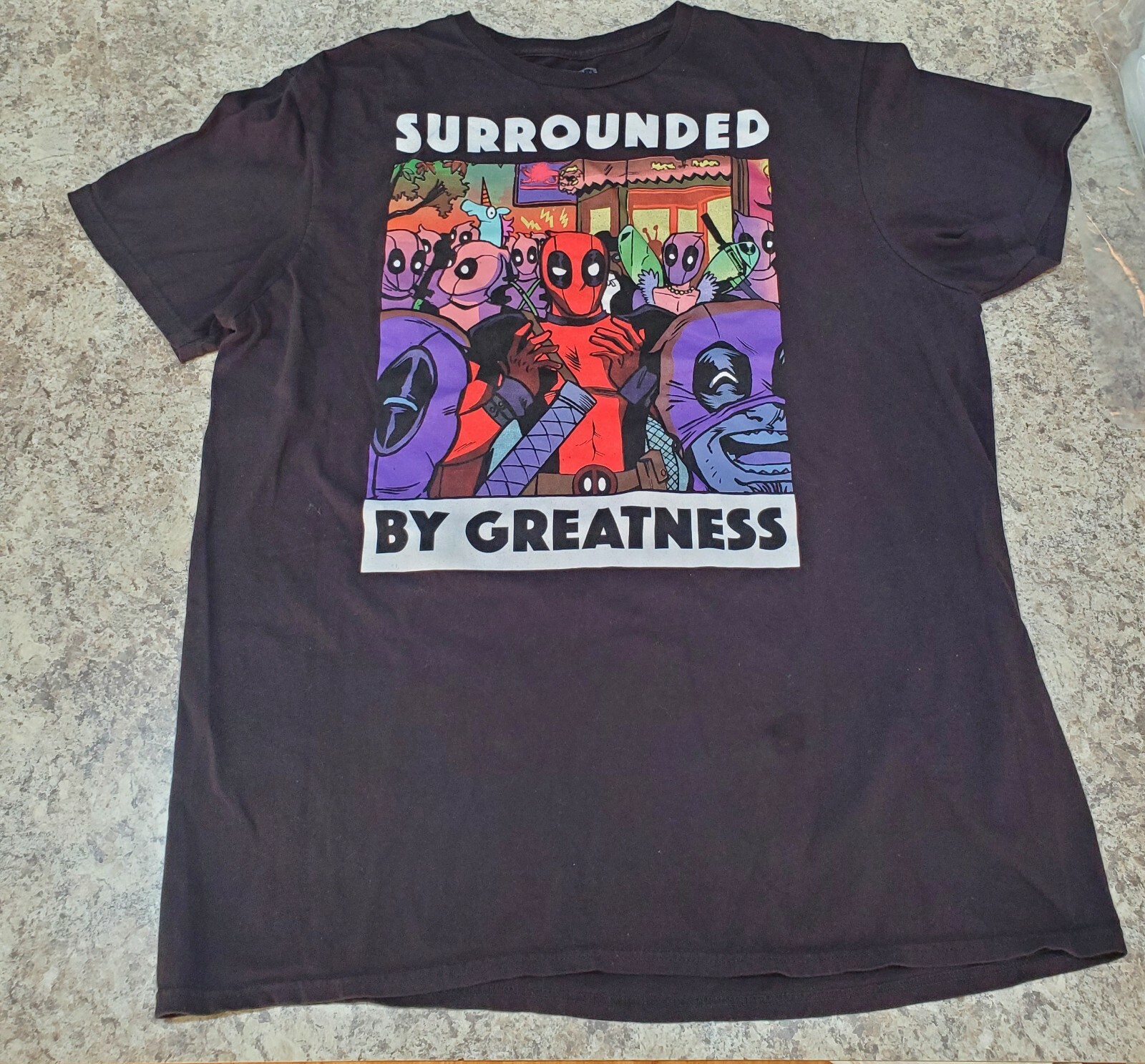 Marvel Surronded by Greatness Shirt Men L Short Sleeve Deadpool Black Cotton Tee