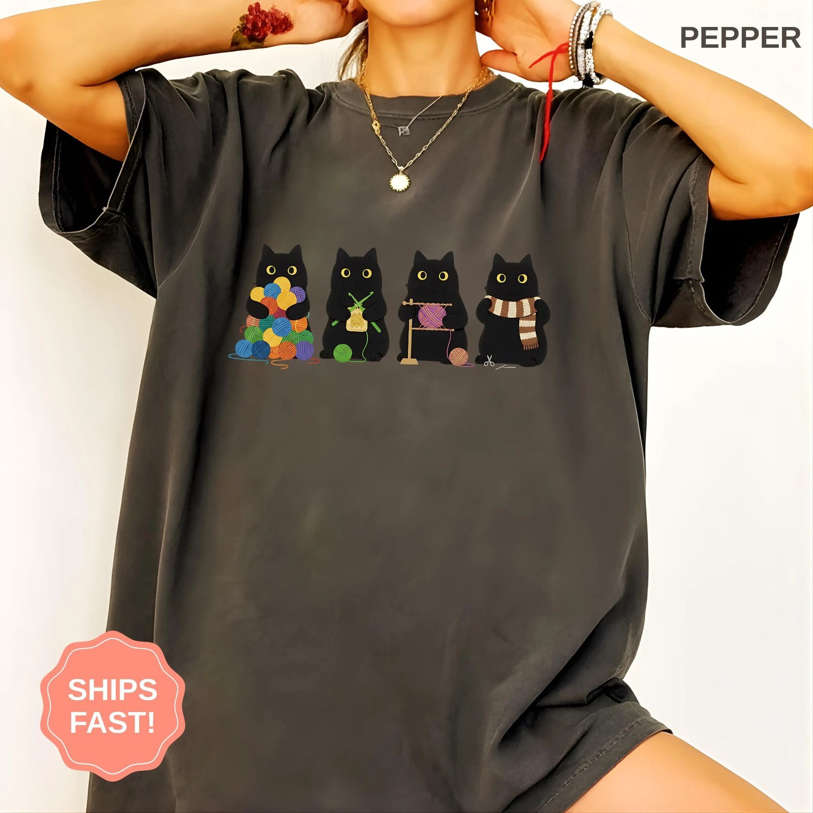 Knitting Black Cat Shirt, Cute Crochet Cat Tshirt, Knitter Gift for Her T-Shirt gallery