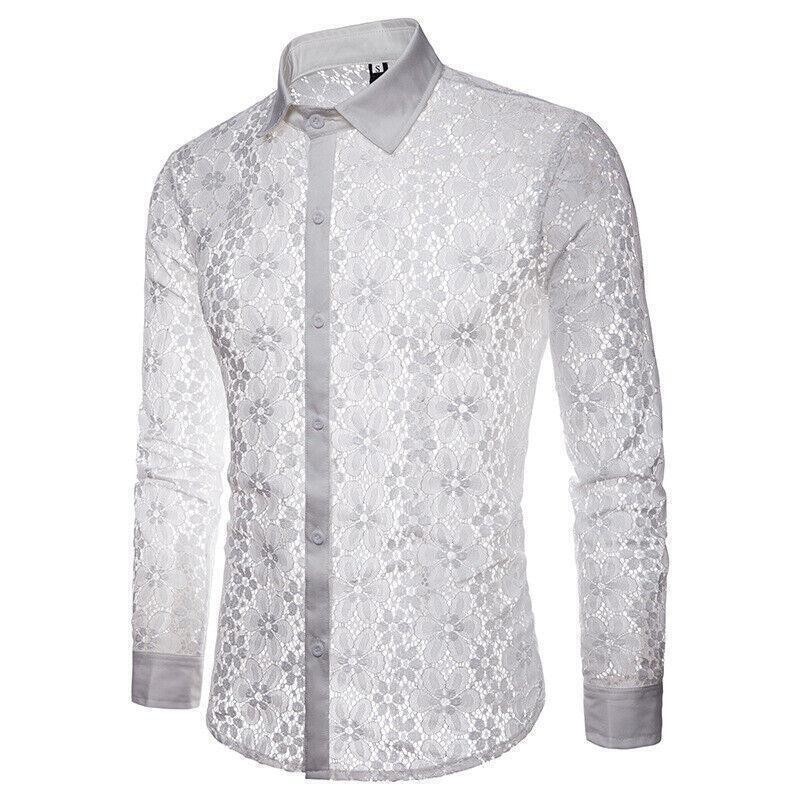 Men's Hollow Out Lace Shirt Nightclub Stage Party Long sleeved Shirts Dress Tops gallery