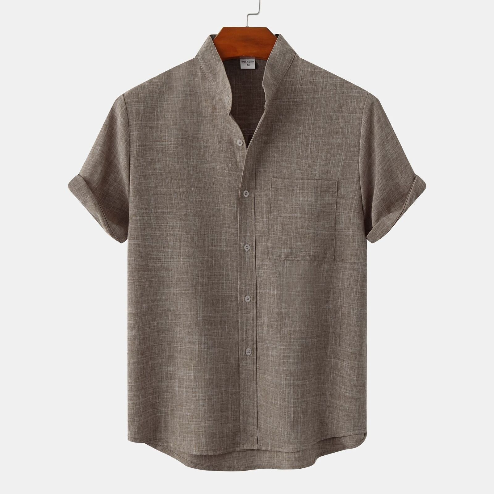 Mens Stand Collar Solid Color Shirt Casual Loose Button Short Sleeve Blouse Top gallery