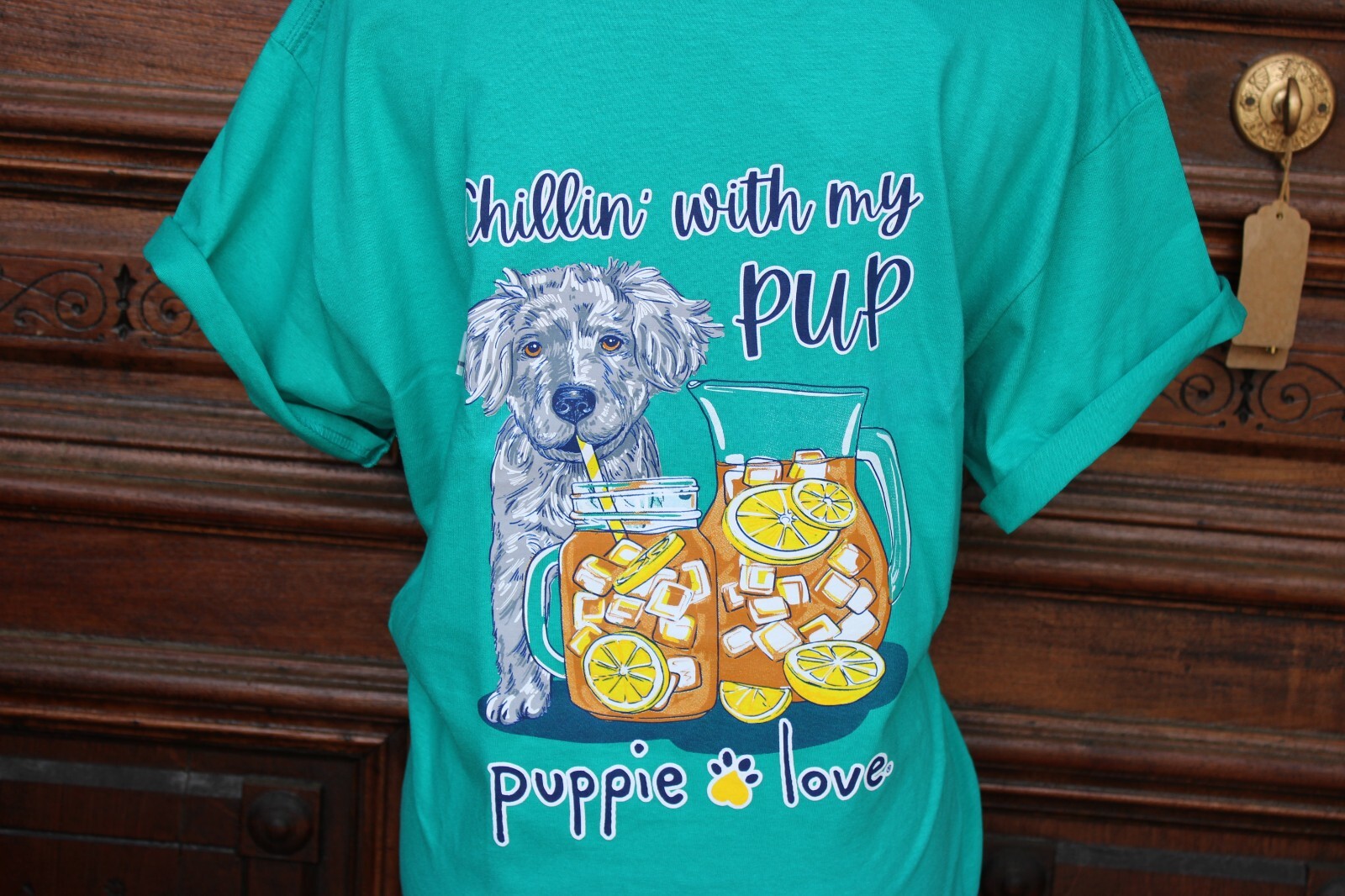 Puppie Love Chillin with my Pup Short Sleeve T-Shirt - Green, Large, NEW gallery