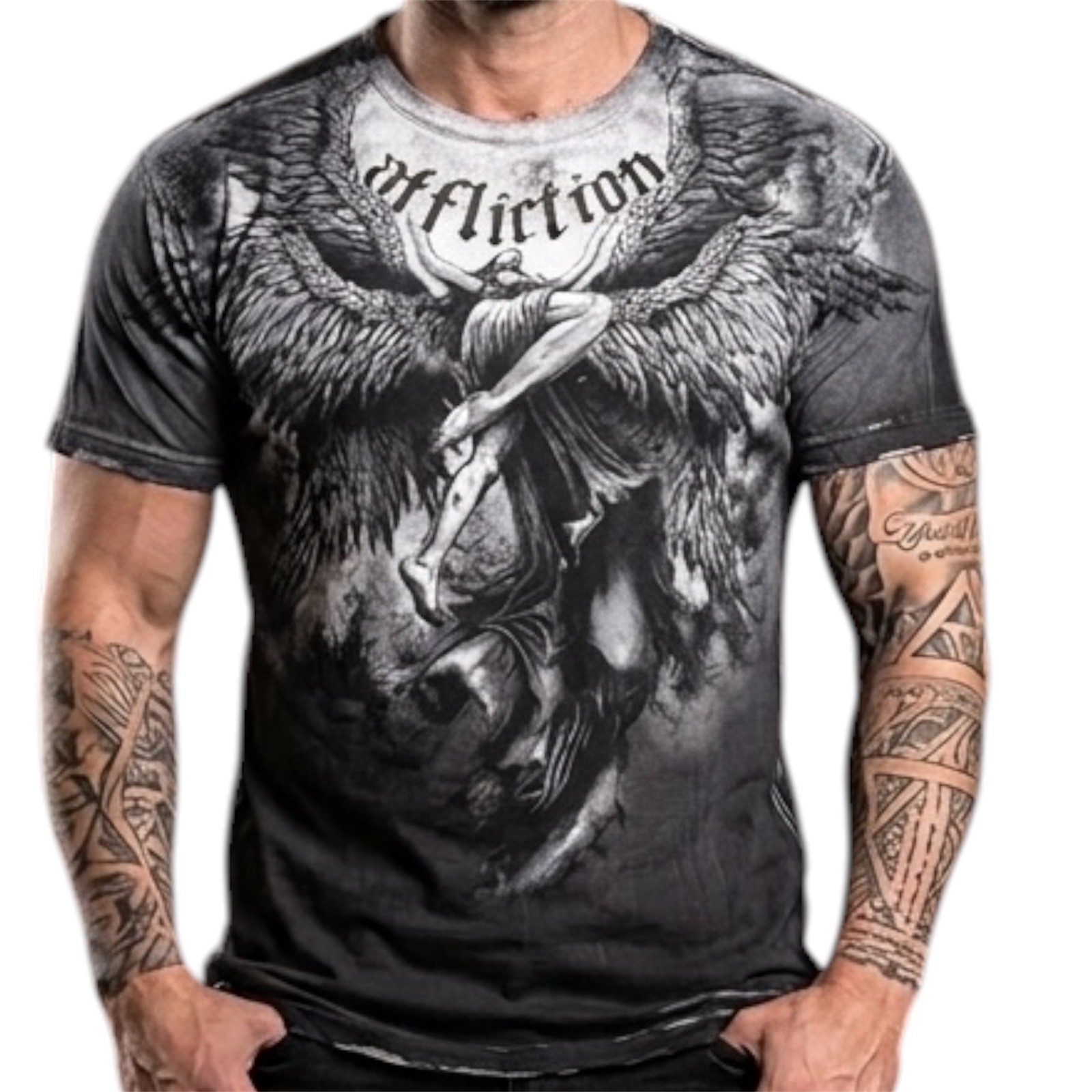 Rare $56 AFFLICTION Silver UPWARD Short Sleeve Slim Fit Y2K Mens T-shirt 3XL NWT