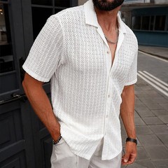 Mens Solid Turn Down Collar Short Sleeve Shirts Tops Summer Beach Holiday Blouse