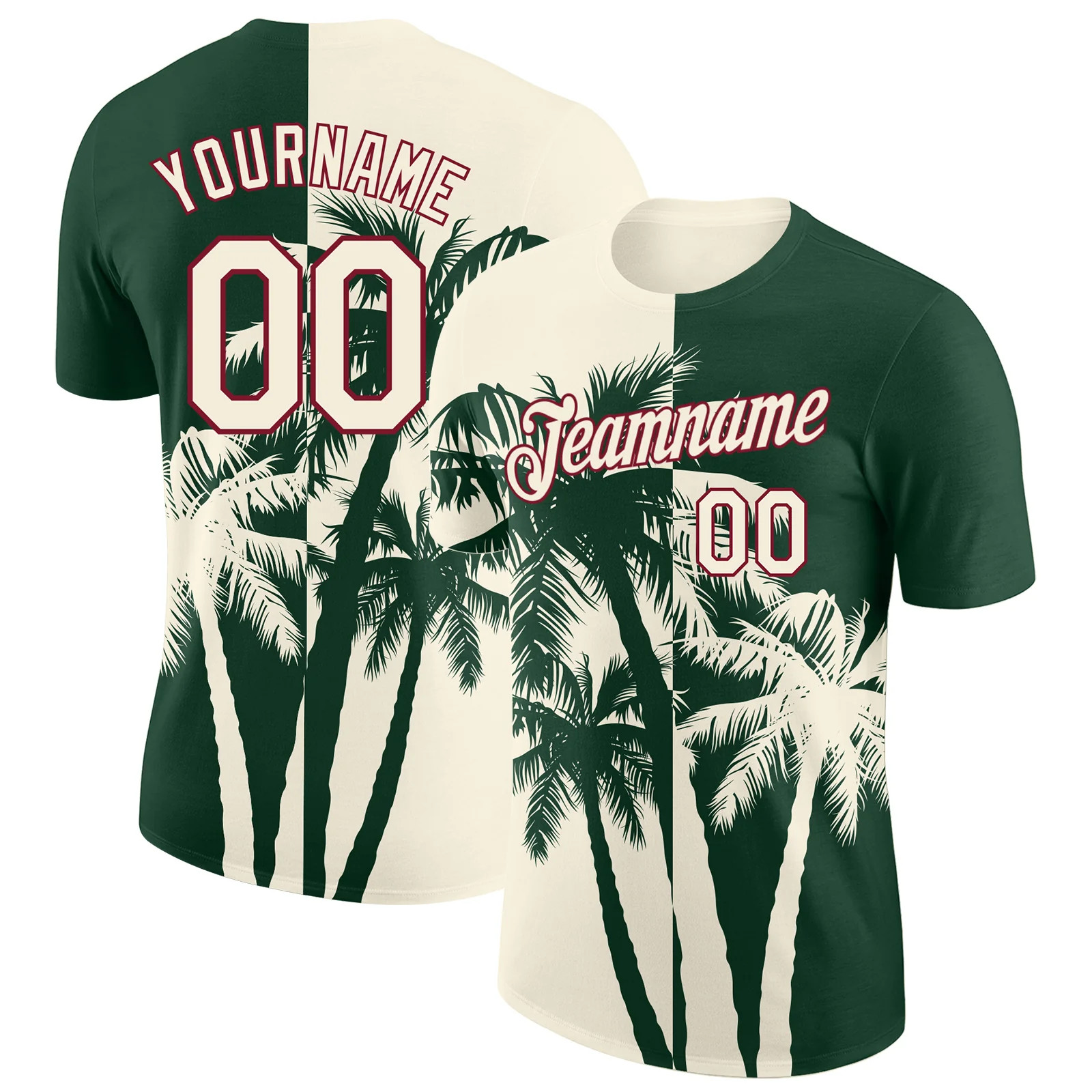 Custom Green Cream Crimson Hawaii Palm Tree T-Shirt Tropical Summer Beach Gift