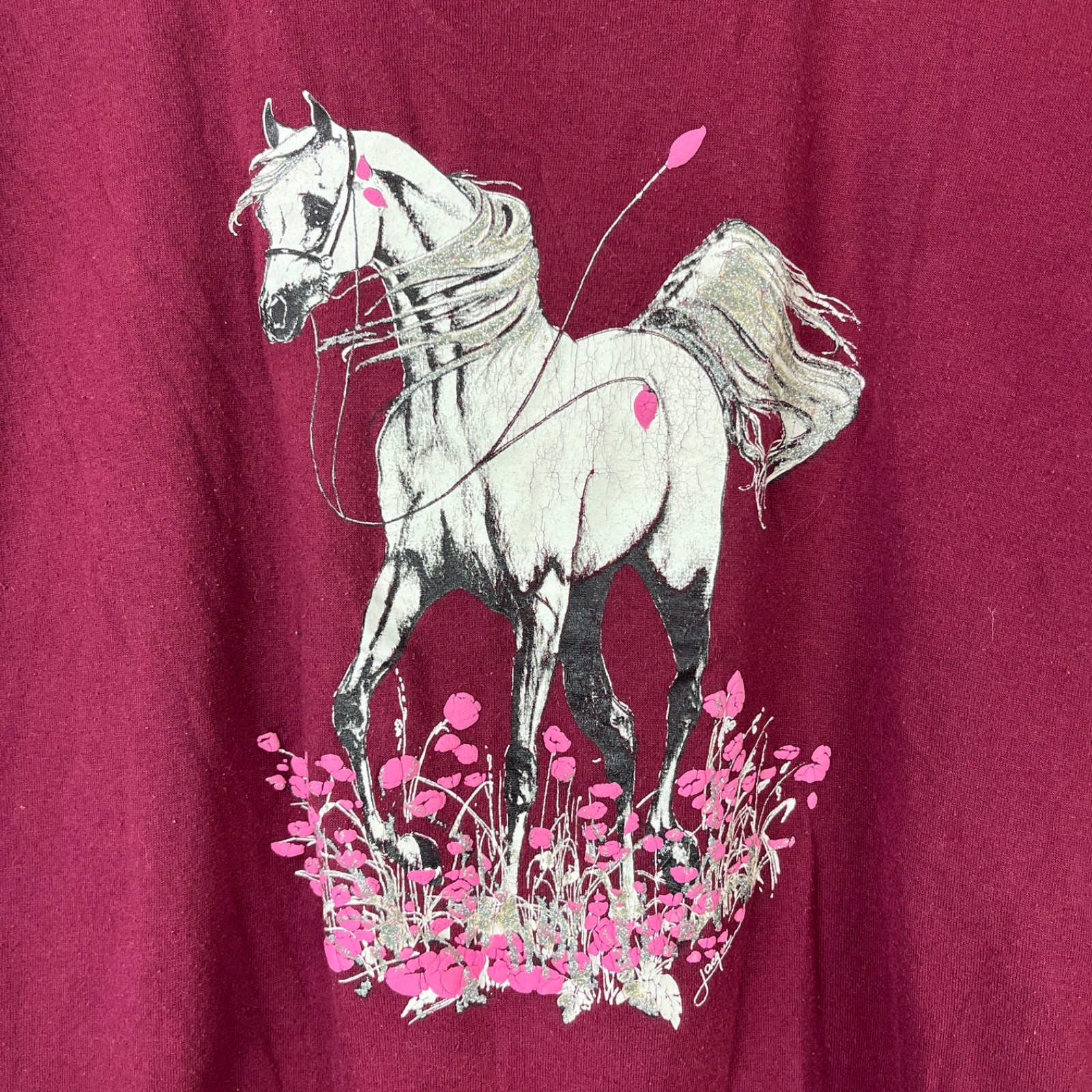 Vintage 80s/90s Jerzees Graphic T-Shirt Unisex L Horse Floral Glitter USA gallery