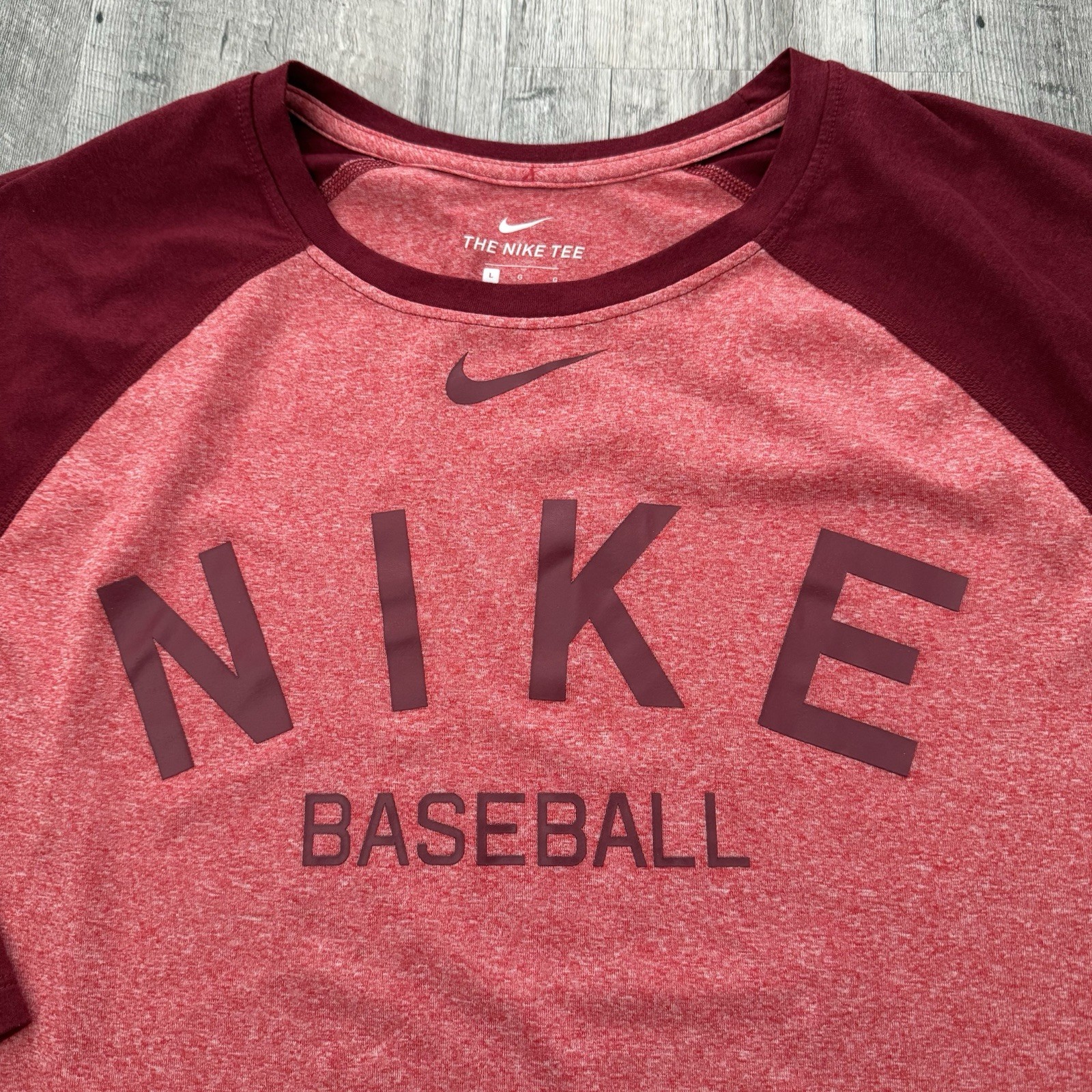 The Nike Tee Dri-Fit 3/4 Sleeve Mens Large Wine Baseball Swoosh T-Shirt gallery