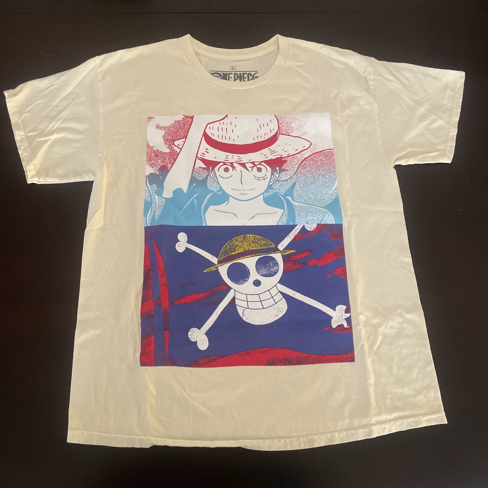 One Piece Monkey D. Luffy Tshirt King Of Pirates Size Large Cream Tan BRAND NEW