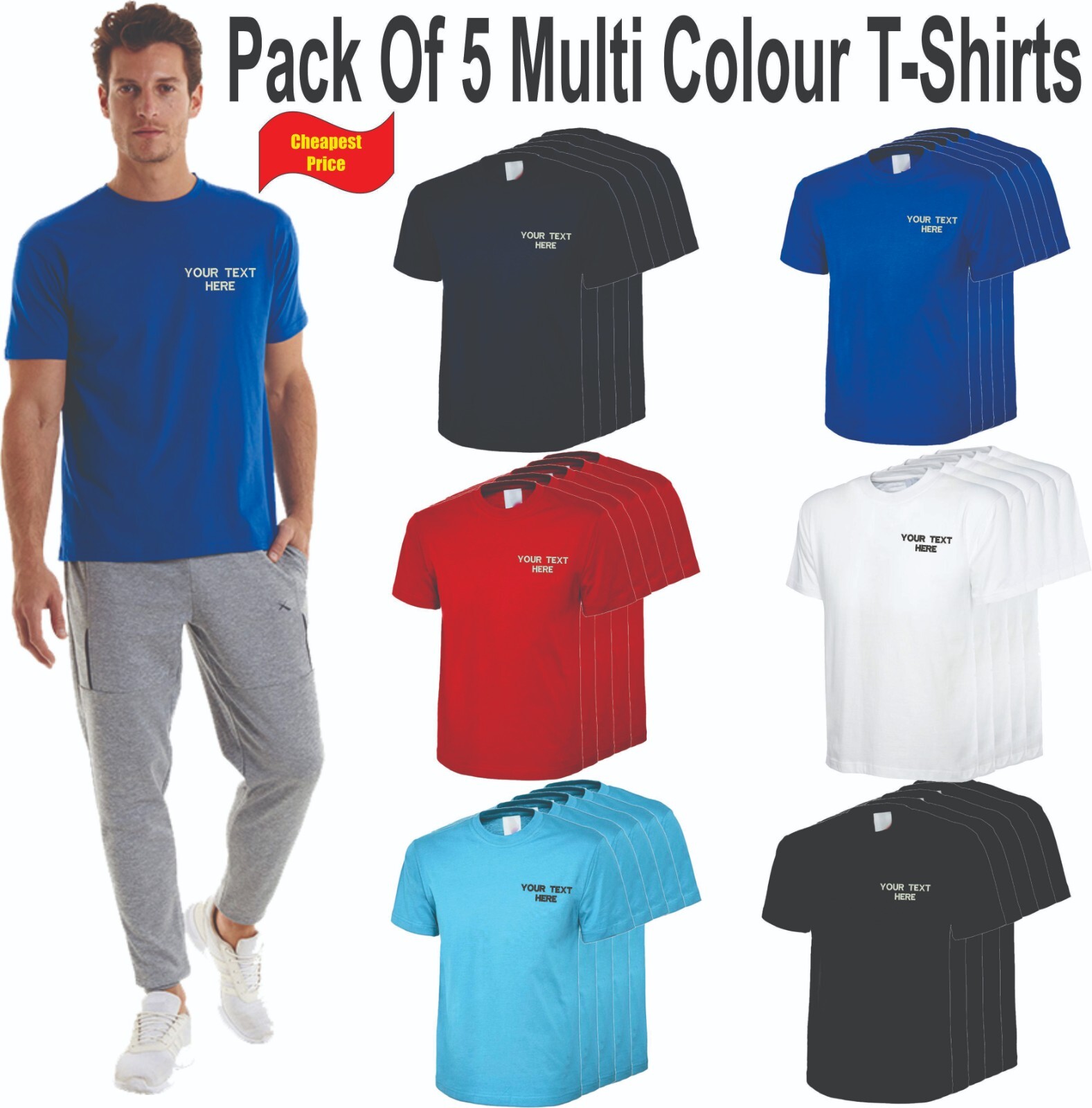 Personalised Embroidered Pack Of 5 UC301 T-Shirt Custom Embroidered Text Unisex