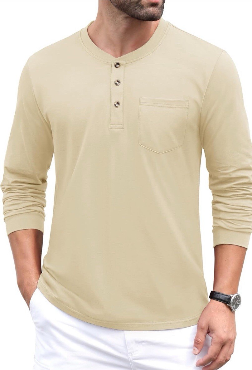 MAGCOMSEN Mens Henley Long Sleeve Shirts Cotton Pocket Light Apricot Size L gallery