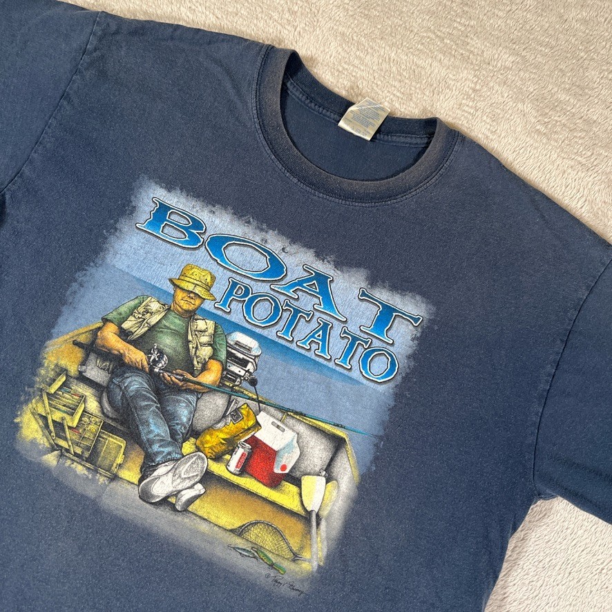 Vintage 90s Y2K Boat Potato Fishing Fisherman T-Shirt Distressed Blue Mens Large gallery