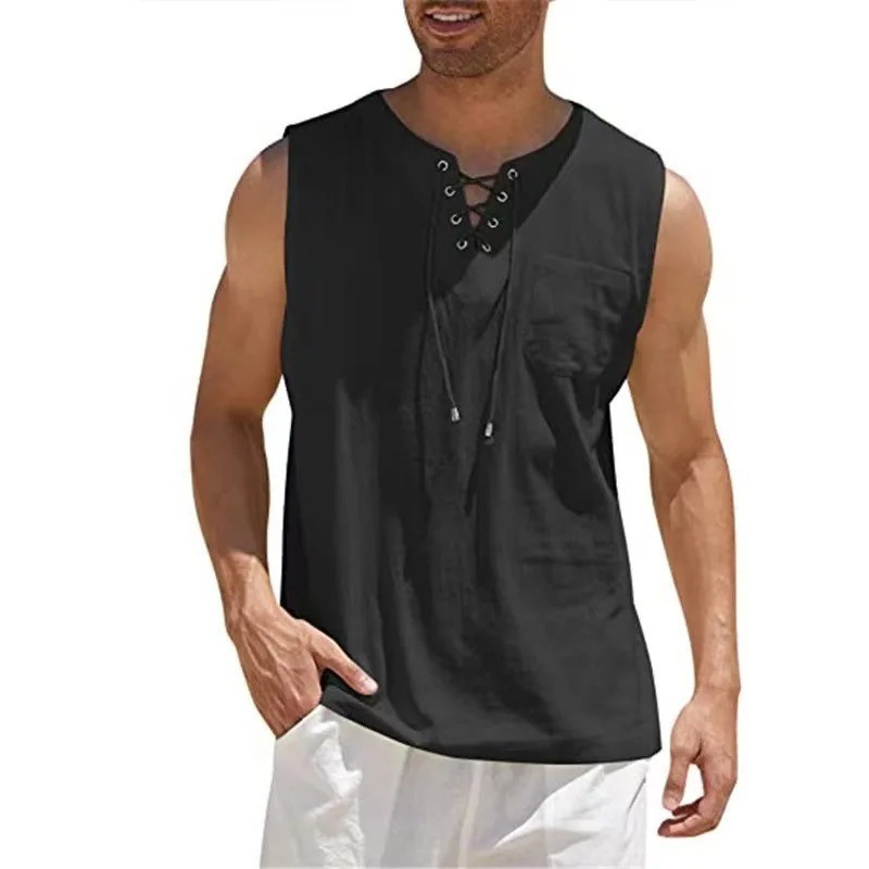 Men’s Cotton Linen Sleeveless Lace Up Shirt Casual Retro V Neck Loose Tank Top V