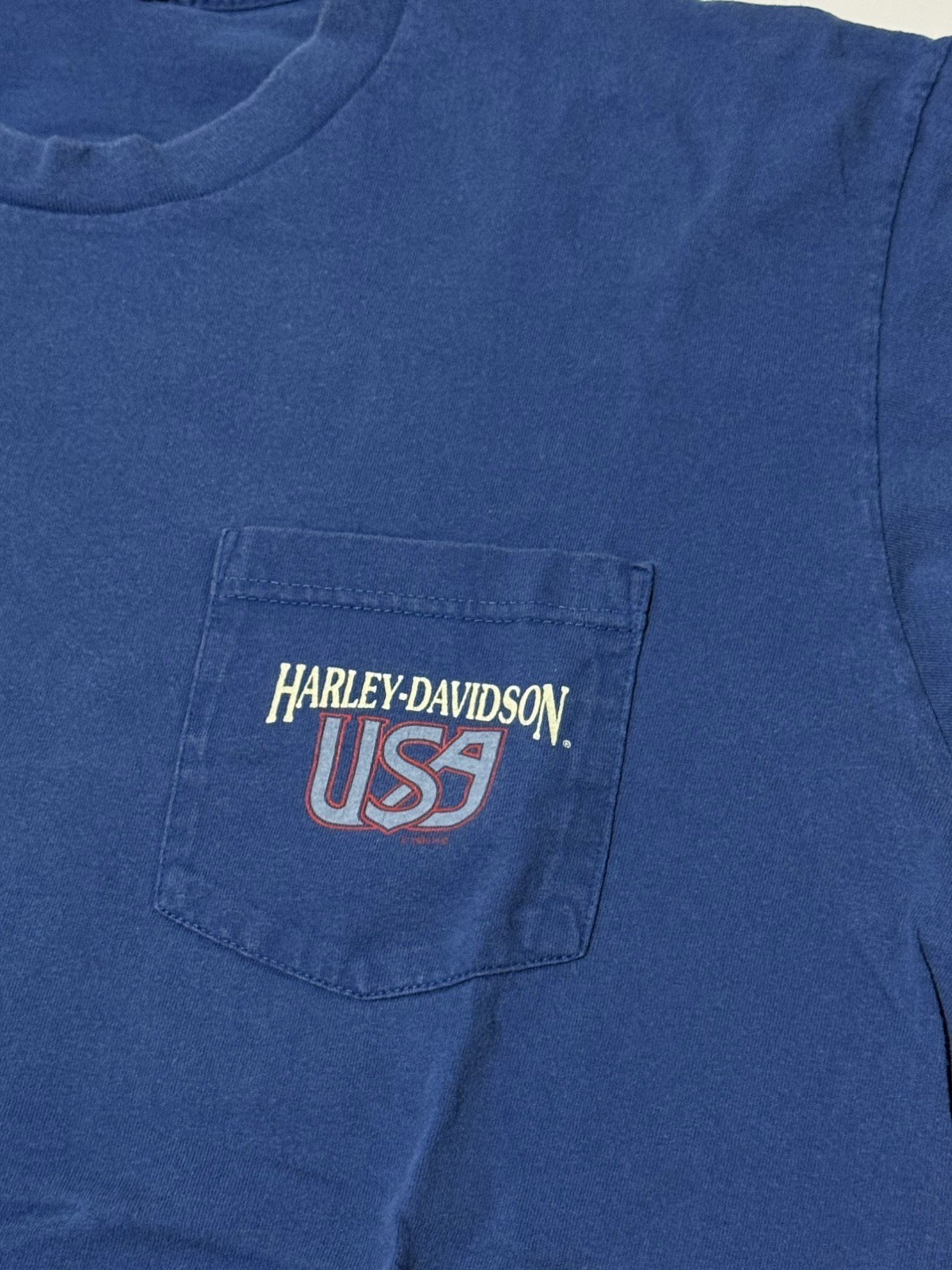 Harley-Davidson USA Blue Pocket T-shirt No Tag ~XL Danbury CT Single Stitch 1995 gallery