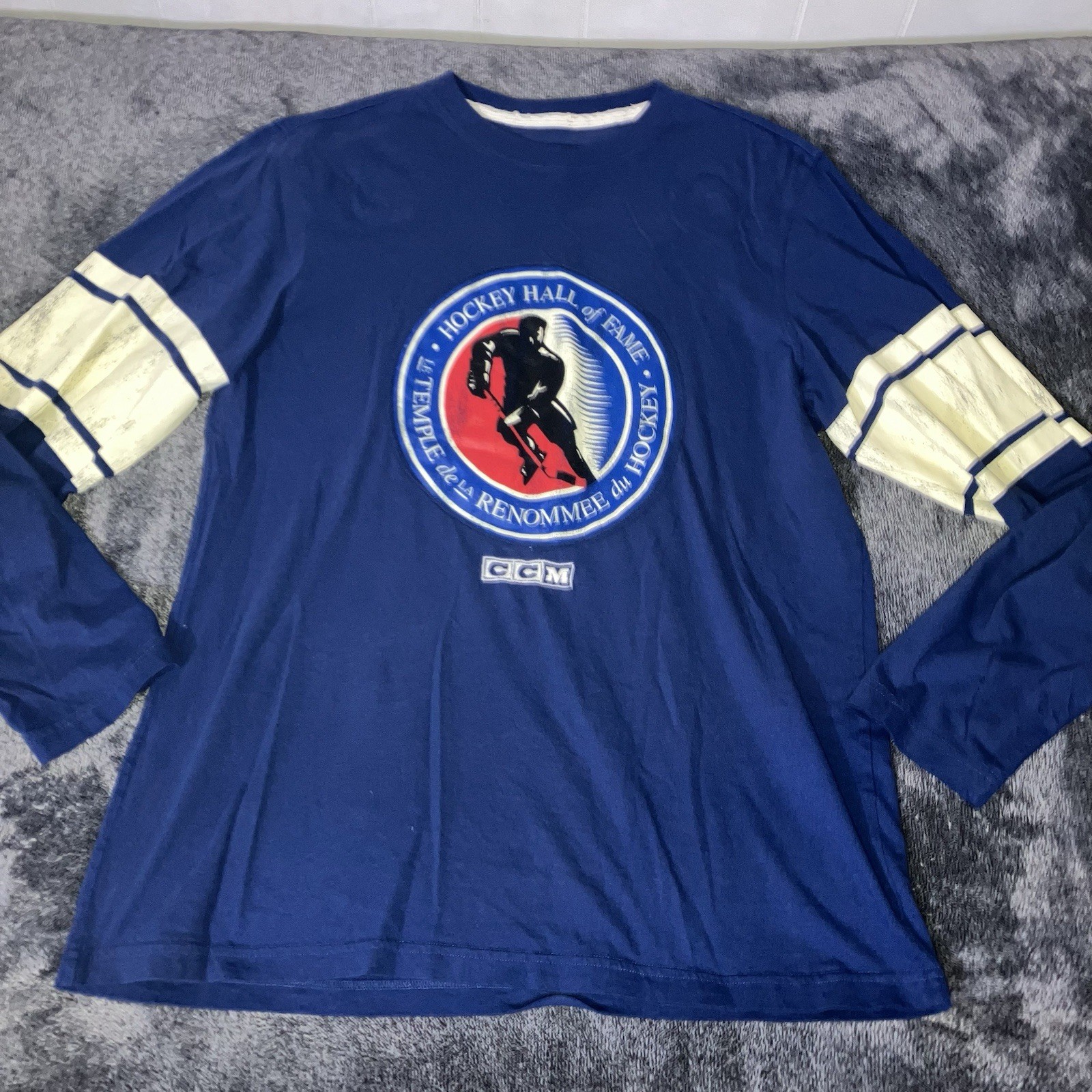 Vintage CCM Hockey Hall Of Fame Embroidered Longsleeve Shirt Mens Large Blue gallery