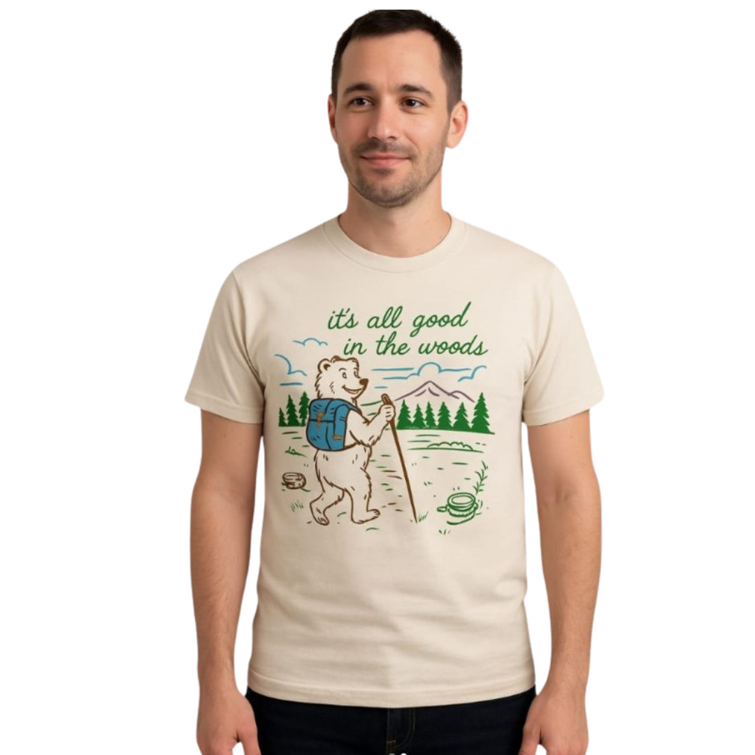 Funny Hiking Bear T-Shirt – 'It’s All Good in the Woods' Camping Outdoor Nature gallery