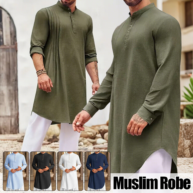 Muslim Men's Button Cotton Linen Shirt Muslim Robe HOT gallery