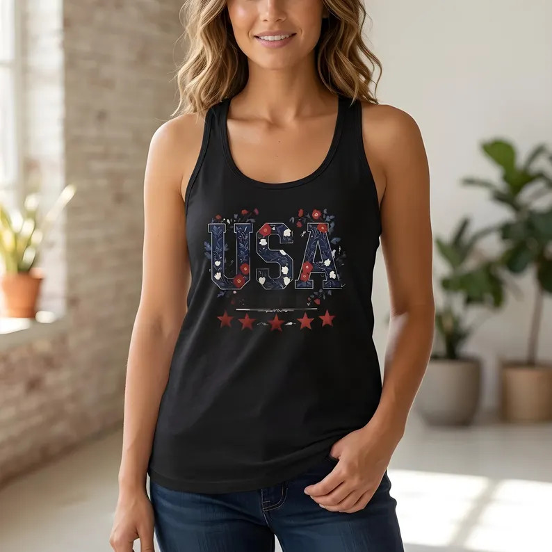 USA Est Floral Patriotic Design Graphic Tank Top gallery